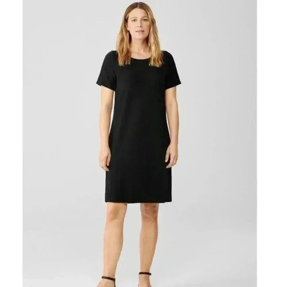 Eileen Fisher Washable Stretch Crepe Jewel Neck Dress Size S Black - Picture 6 of 7